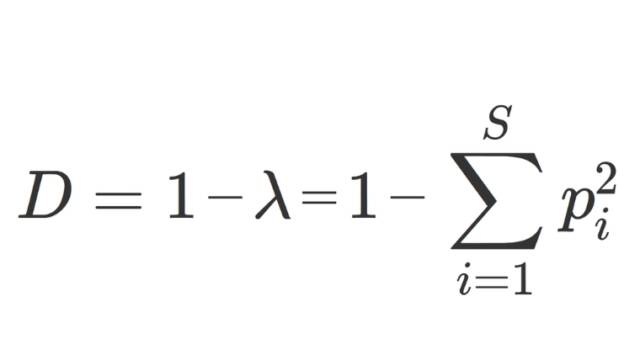 シンプソンの多様度指数　D=1−∑ i=1 S ​ p i 2 ​